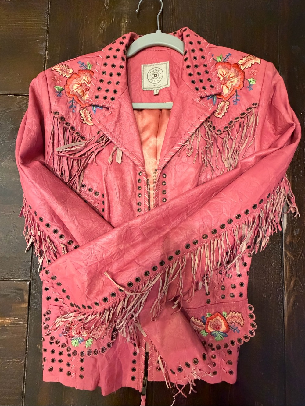 Double D Ranch Pink Embroidered Fringe Leather Jacket
